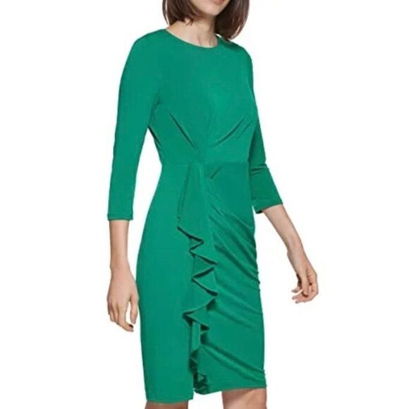 Calvin Klein Green Jersey Knit Ruching Dress Size 8 - Picture 1 of 9